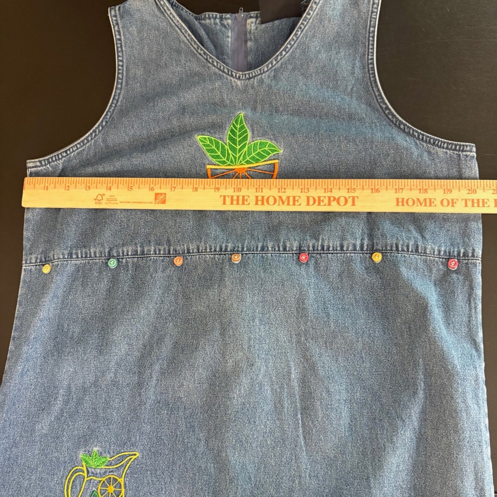Y2K CB Casual Denim Midi Dress Size PL Orange Lemonade Citrus Embroidered Modest - Picture 6 of 11